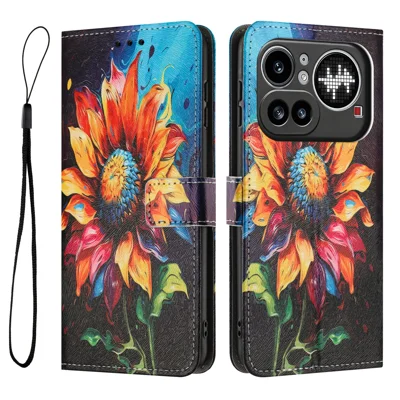  For Nothing Phone (4a) Pro Wallet Case Pattern Printing PU Leather Phone Cover with Lanyard - Sunflower