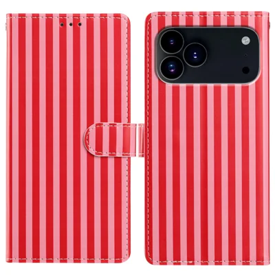 For iPhone 18 Pro / 17 Pro Wallet Case Vintage Stripes Leather Stand Flip Phone Cover with Wrist Strap - Red
