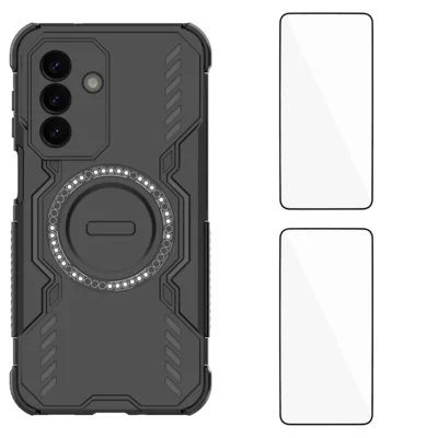 WANLONFENG for Samsung Galaxy A27 5G Magnetic Case  DJ Series PC TPU Phone Cover with 2Pcs Tempered Glass Film - Black