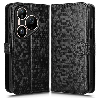 For Huawei Pura 90 Pro Wallet Case Dot Pattern Imprint PU Leather Phone Cover with Wrist Strap - Black
