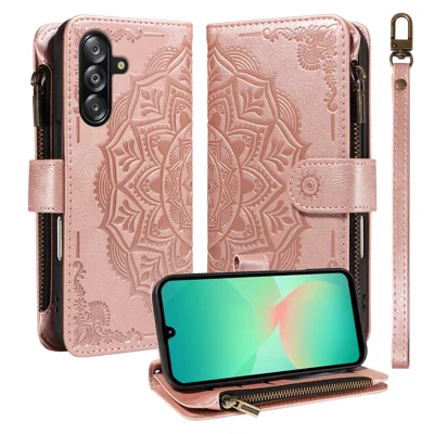 For Samsung Galaxy A18 5G / A18 4G A17 5G / A17 4G / A26 5G / A16 5G / A16 4G Wallet Case 9 Card Slots RFID Blocking Mandala Embossed Leather Flip Cover with Wrist Strap - Rose Gold