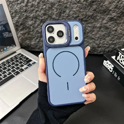 Capa Magnética para iPhone 17 Pro Max Compatível com MagSafe Capa em PC + TPU com Toque Suave e Suporte com Estrutura da Lente - Azul
