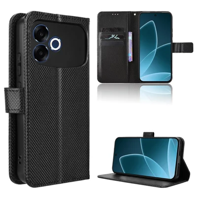  For Oppo F33 Pro 5G Leather Wallet Case with Strap Diamond Texture Phone Cover - Black