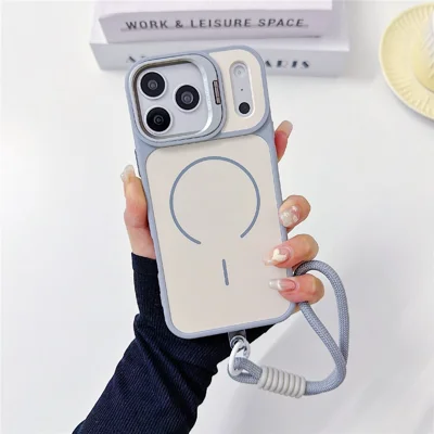 For iPhone 17 Pro Magnetic Case Lens Frame Kickstand Skin-touch PC + TPU Cover with Wrist Strap - Beige