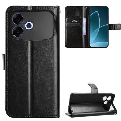  For Oppo F33 Pro 5G PU Leather Case with Strap Crazy Horse Texture Phone Wallet Cover - Black