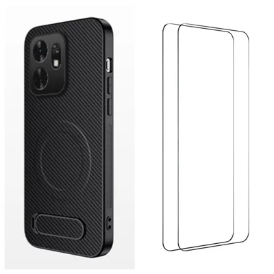 WANLONFENG til Honor X6d 5G QT1-serie Magnetisk hylster med 2 stk. Tempered Glass Films, foldbar støtte og kulfiberstruktur PC TPU telefonbeskytter - Sort