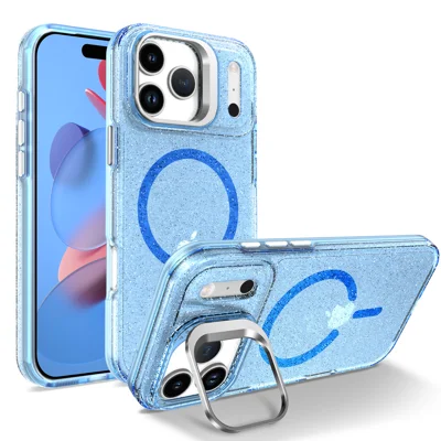 Etui magnetyczne do iPhone 17 Pro Max, odporno na wstrząsy, z przezroczystą obudową TPU PC z ramką obiektywu i podstawką - niebieskie przezroczyste