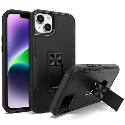 For iPhone 14 Plus Hybrid Hard PC Soft TPU Impact-Resistant Case Car Mount Kickstand Protective Phone Cover - All Black