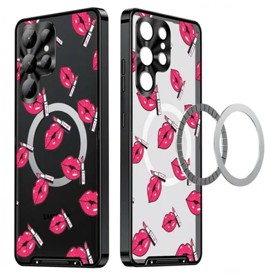 For Samsung Galaxy S23 Ultra Magnetic Case Red Lips Pattern PC TPU Phone Cover with Lens Film - LK00225-04