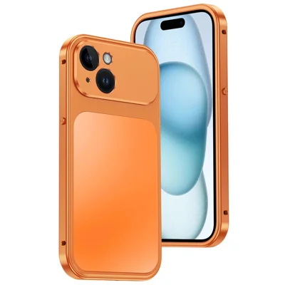 For iPhone 15 Magnetic Case Metal Frame PC Back Phone Cover with Pop-Up Buckle - Orange