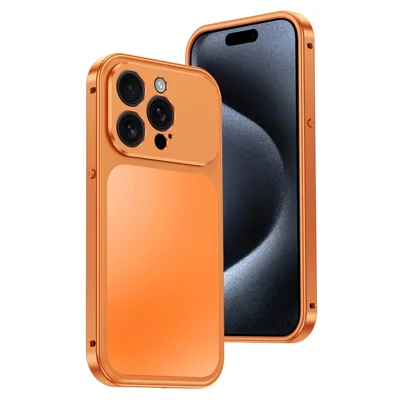 For iPhone 15 Pro Max Magnetic Case Metal Frame PC Back Phone Cover with Pop-Up Buckle - Orange
