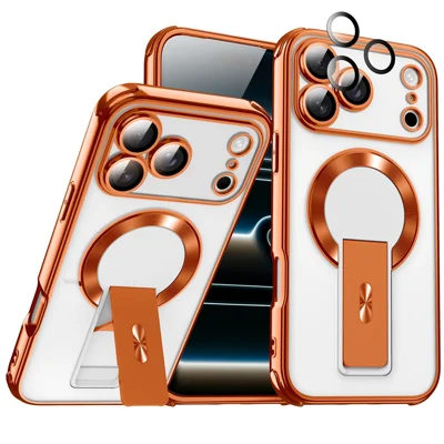 Capa Magnética para iPhone 17 Pro Max com Suporte de Metalização PC+TPU com Película para Lente - Laranja