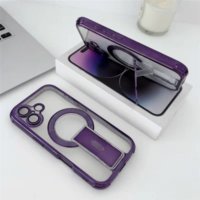 لـ iPhone 16 غطاء مغناطيسي مطلي كهربائياً مع دعامة قابلة للطي وغطاء حماية PC+TPU مع فيلم عدسة - أرجواني غامق