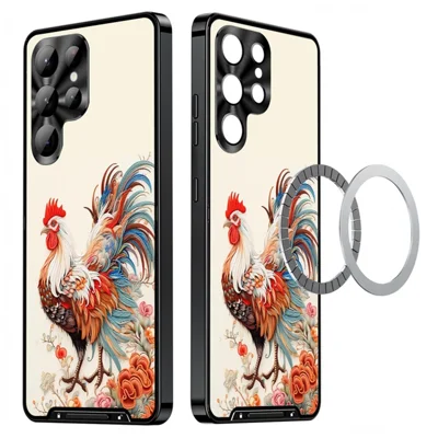 For Samsung Galaxy S23 Ultra Magnetic Case Rooster Pattern PC TPU Phone Cover with Lens Film - LK00138-04