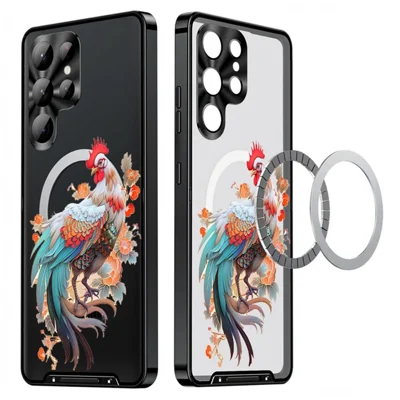 For Samsung Galaxy S22 Ultra 5G Magnetic Case Rooster Pattern PC TPU Phone Cover with Lens Film - LK00139-05
