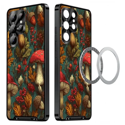 For Samsung Galaxy S22 Ultra 5G Magnetic Case Mushroom Forest Pattern PC TPU Phone Cover with Lens Film - LK00164-07