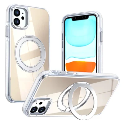 For iPhone 11 Magnetic Case Fluorescent Design TPU Acrylic Phone Back Cover with 360° Rotating Kickstand - White