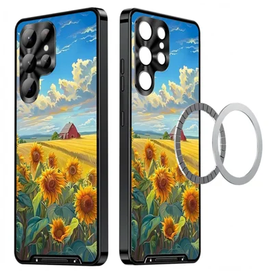 For Samsung Galaxy S24 Ultra Magnetic Case Sunflower Pattern PC TPU Phone Cover with Lens Film - LK00153-3