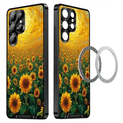 For Samsung Galaxy S23 Ultra Magnetic Case Sunflower Pattern PC TPU Phone Cover with Lens Film - LK00156-6