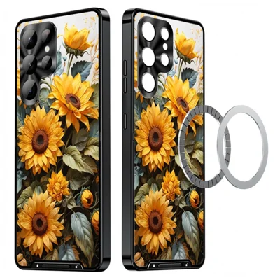 For Samsung Galaxy S22 Ultra 5G Magnetic Case Sunflower Pattern PC TPU Phone Cover with Lens Film - LK00157-7