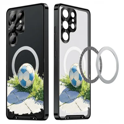 For Samsung Galaxy S22 Ultra 5G Magnetic Case Football Pattern PC+TPU Mobile Phone Cover with Lens Film - LK00473-101