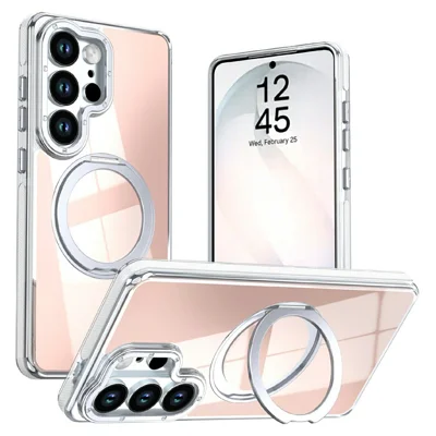 For Samsung Galaxy S24 Ultra Magnetic Case Fluorescent Design TPU Acrylic Phone Back Cover with 360° Rotating Kickstand - White
