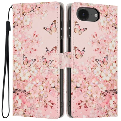 Wallet Case For iPhone 17e  /  16e Pattern Printing PU Leather Stand Flip Phone Cover with Wrist Strap - Pink Sakura Butterfly