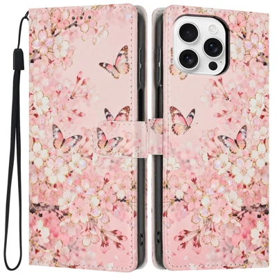 For iPhone 16 Pro Wallet Case Pattern Printing PU Leather Stand Flip Phone Cover with Wrist Strap - Pink Sakura Butterfly