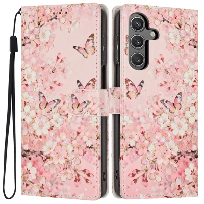 For Samsung Galaxy S24 Wallet Case Pattern Printing PU Leather Stand Flip Phone Cover with Wrist Strap - Pink Sakura Butterfly