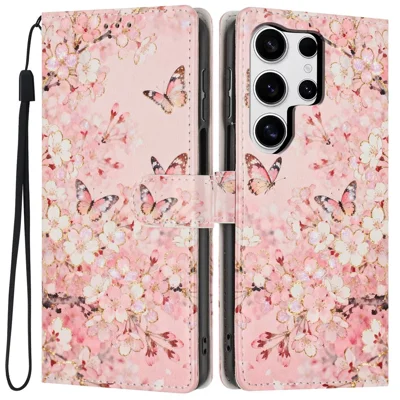 For Samsung Galaxy S24 Ultra Wallet Case Pattern Printing PU Leather Stand Flip Phone Cover with Wrist Strap - Pink Sakura Butterfly