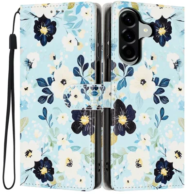 For Samsung Galaxy A27 5G Wallet Case Pattern Printing PU Leather Stand Flip Phone Cover with Wrist Strap - Blue Background  /  Flower