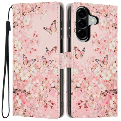 For Samsung Galaxy A25 5G (Global) (161mm) Wallet Case Pattern Printing PU Leather Stand Flip Phone Cover with Wrist Strap - Pink Sakura Butterfly