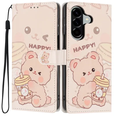 Wallet Case For Samsung Galaxy A15 5G  /  4G Pattern Printing PU Leather Stand Flip Phone Cover with Wrist Strap - Milk Tea Bear
