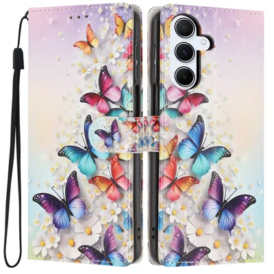 Für Samsung Galaxy A34 5G Brieftaschenhülle Musterdruck PU-Leder Ständerklapphülle mit Handschlaufe - Bunte Schmetterlinge
