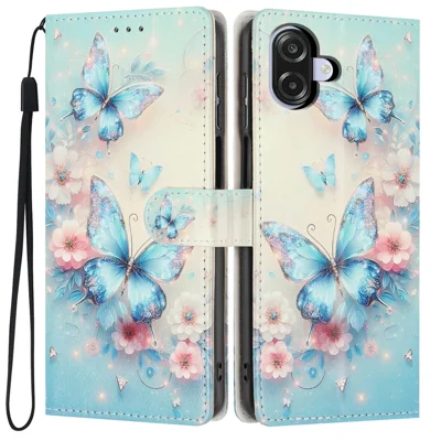 Wallet Case For Samsung Galaxy A06 4G  /  5G Pattern Printing PU Leather Stand Flip Phone Cover with Wrist Strap - Pink Flower  /  Blue Butterfly