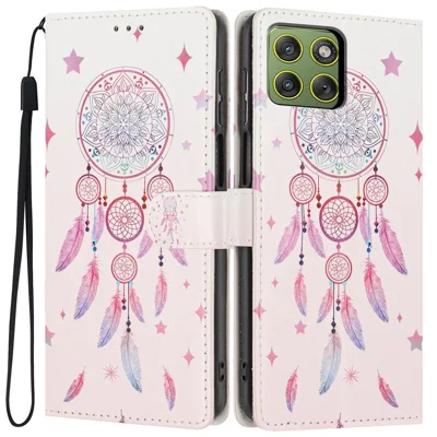 Wallet Case For Motorola Edge 70 5G  /  Moto X70 Air 5G Pattern Printing PU Leather Stand Flip Phone Cover with Wrist Strap - Feather Dreamcatcher