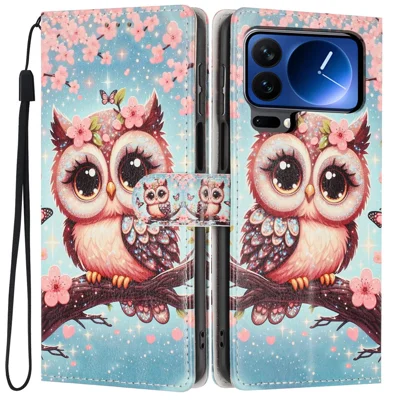 For Xiaomi 17 Pro Wallet Case Pattern Printing PU Leather Stand Flip Phone Cover with Wrist Strap - Sakura Owl