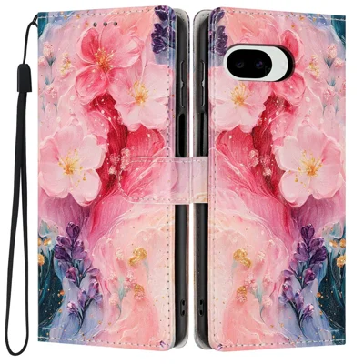 For Google Pixel 10a Wallet Case Pattern Printing PU Leather Stand Flip Phone Cover with Wrist Strap - Oil Painting Flower