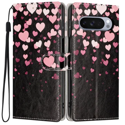 Wallet Case For Google Pixel 10  /  10 Pro Pattern Printing PU Leather Stand Flip Phone Cover with Wrist Strap - Pink Heart