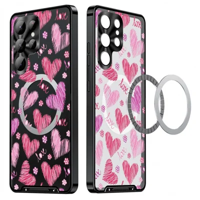 For Samsung Galaxy S22 Ultra 5G Magnetic Case Heart Pattern PC + TPU Phone Cover with Lens Film - LK00228-01