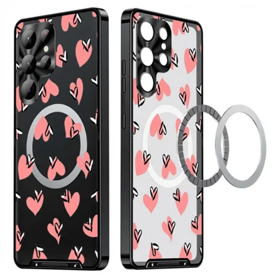 For Samsung Galaxy S23 Ultra Magnetic Case Heart Pattern PC + TPU Shockproof Phone Cover with Lens Film - LK00248-21