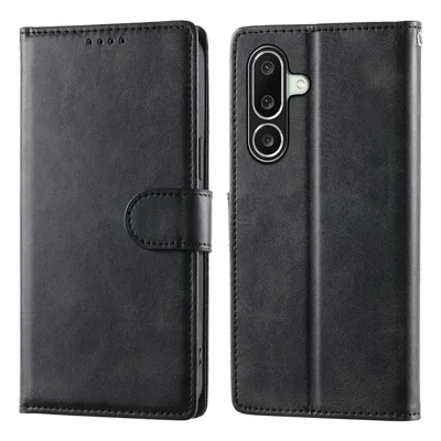 For Samsung Galaxy A27 5G Phone Case Stand Wallet Calf Texture PU Leather Flip Phone Cover with Wrist Strap - Black
