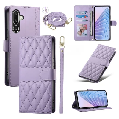 For Samsung Galaxy A27 5G Wallet Case Rhombus Stitching Stand Leather Phone Cover with Long   /   Short Strap - Purple