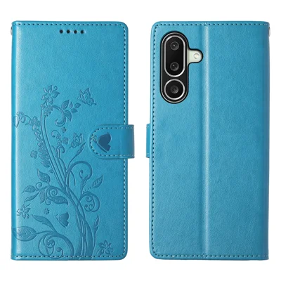 For Samsung Galaxy A27 5G Wallet Case Butterfly Floral Imprint PU Leather Phone Cover with Wrist Strap - Blue