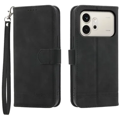 DIERFENG DF-03 til Honor 600 5G Læderetui med Linjefremhævning Wallet Hylster med Håndbøjle - Sort