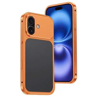 For iPhone 16 Metal Frame Case Magnetic Snap On Frame PC Hollow Back Heat Dissipation Shockproof Cover - Titanium Orange