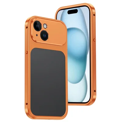 For iPhone 15 Metal Frame Case Magnetic Snap On Frame PC Hollow Back Heat Dissipation Shockproof Cover - Titanium Orange