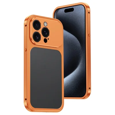 For iPhone 15 Pro Metal Frame Case Magnetic Snap On Frame PC Hollow Back Heat Dissipation Shockproof Cover - Titanium Orange