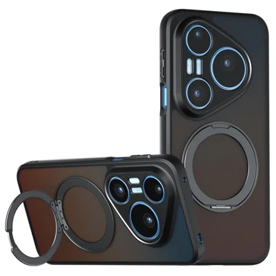 For Huawei Pura 90 Pro Matte Skin-touch Magnetic Case 360° Rotating Kickstand Shockproof TPU + PC Phone Cover - Transparent Black
