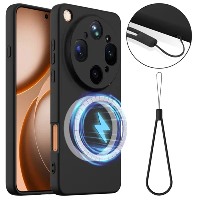  Funda magnética para Oppo Find X9 Ultra 5G, funda de silicona líquida anticaídas con cordón - Negro